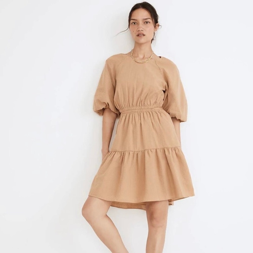 Madewell Seersucker Puff-Sleeve Cutout Mini Dress, NWT M